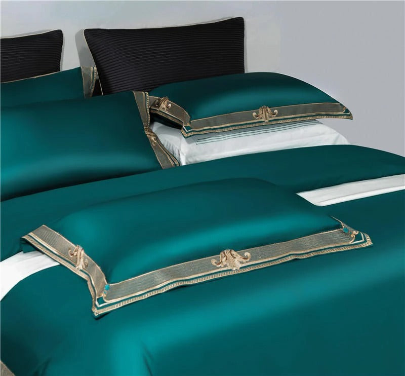 Anahi Green Embroidered Motif Border Egyptian Cotton Duvet Cover Set Duvet Cover Set - Venetto Design Venettodesign.com
