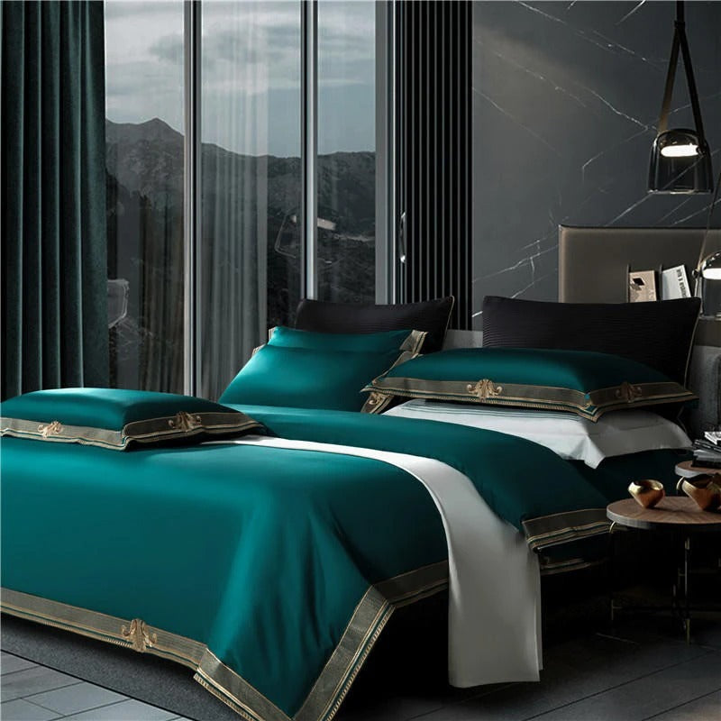 Anahi Green Embroidered Motif Border Egyptian Cotton Duvet Cover Set Duvet Cover Set - Venetto Design Venettodesign.com