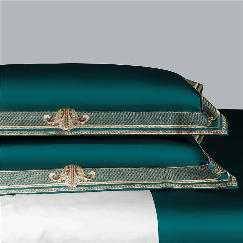 Anahi Green Embroidered Motif Border Egyptian Cotton Duvet Cover Set Duvet Cover Set - Venetto Design Venettodesign.com