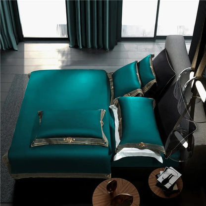 Anahi Green Embroidered Motif Border Egyptian Cotton Duvet Cover Set Duvet Cover Set - Venetto Design Venettodesign.com